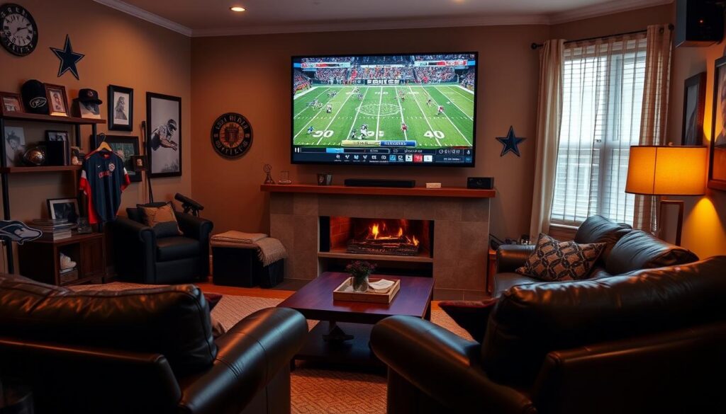 A cozy living room with a large TV screen prominently displaying a live NFL game. Plush leather couches and armchairs surround the TV, creating a comfortable viewing setup. The room is softly lit, with warm lighting accentuating the game action on the screen. Subtle sports memorabilia and team merchandise decorate the space, adding to the immersive football atmosphere. The camera angle is slightly elevated, capturing the scene from an optimal viewing perspective. The overall mood conveys the excitement and anticipation of watching professional football from the comfort of one's own home. A cozy living room with a large TV screen prominently displaying a live NFL game. Plush leather couches and armchairs surround the TV, creating a comfortable viewing setup. The room is softly lit, with warm lighting accentuating the game action on the screen. Subtle sports memorabilia and team merchandise decorate the space, adding to the immersive football atmosphere. The camera angle is slightly elevated, capturing the scene from an optimal viewing perspective. The overall mood conveys the excitement and anticipation of watching professional football from the comfort of one's own home.