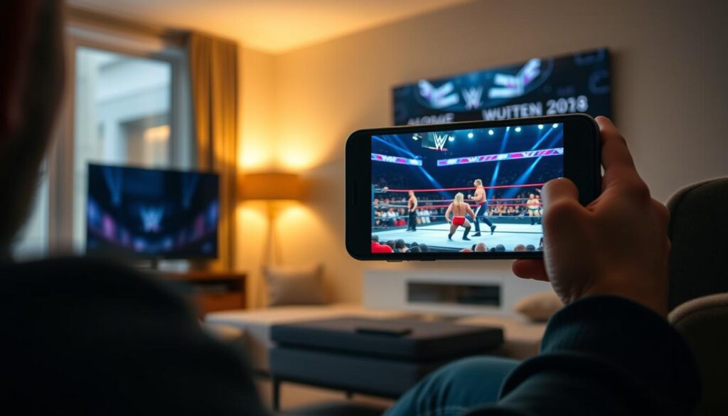 A dynamic, high-quality image depicting a live WWE wrestling match being watched on a mobile device or laptop, set against a backdrop of a modern, well-lit home interior. The scene should convey a sense of excitement and engagement, with the viewer immersed in the action on the screen. The lighting should be warm and natural, with subtle shadows and highlights that add depth and realism to the image. The camera angle should be slightly elevated, capturing the viewer's perspective as they enjoy the free, official, and legal stream of the WWE event. The overall mood should be one of casual enjoyment and accessibility, reflecting the article's focus on discovering ways to watch WWE content for free.