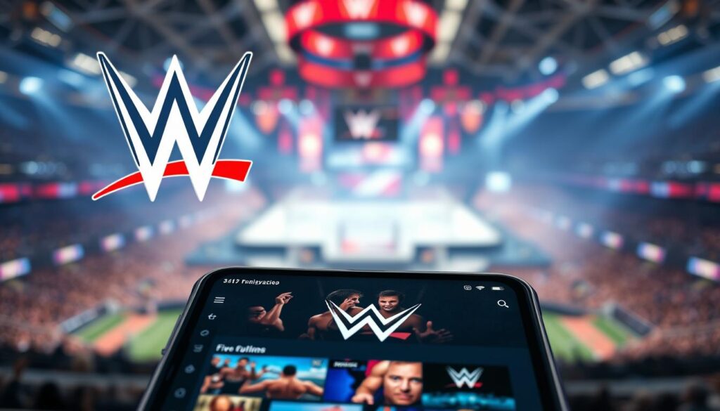 A high-resolution image of an elegant, modern mobile application interface featuring the iconic WWE logo and branding. The foreground showcases the app's sleek and intuitive design, with a clean layout, bold typography, and vibrant color scheme. The middle ground depicts a variety of WWE event thumbnails and video content, inviting the user to explore the extensive library. The background features a blurred, atmospheric rendering of a sports arena, conveying the excitement and energy of live WWE events. The lighting is soft and natural, creating a premium, premium-quality aesthetic. The camera angle is slightly elevated, providing an immersive, user-centric perspective.