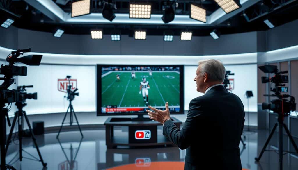 A live NFL broadcast on a YouTube channel operated by Cazé TV. The scene depicts a well-lit studio environment with a large television screen in the center, displaying the NFL gameplay. The foreground features a news anchor or sports commentator, dressed professionally, gesturing animatedly as they provide commentary and analysis. The background showcases the studio's sleek, modern design, with various cameras, lighting equipment, and a clean, minimalist aesthetic. The overall mood is one of high-energy, informative entertainment, capturing the excitement and engagement of a live NFL transmission on a popular online platform.