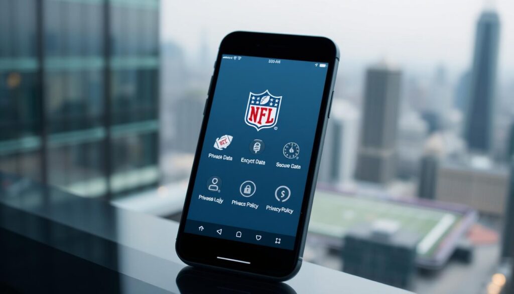 A modern, sleek mobile app interface with a focus on privacy and security. In the foreground, a smartphone screen displays the NFL app's logo and design, with intuitive user controls and a clean, minimalist aesthetic. The middle ground showcases various privacy and security-related icons, such as encrypted data, secure login, and privacy policy. The background is a blurred, out-of-focus cityscape, suggesting a sense of urban, technological sophistication. The lighting is soft, creating a calming and professional atmosphere. The camera angle is slightly elevated, providing a balanced and visually appealing composition.