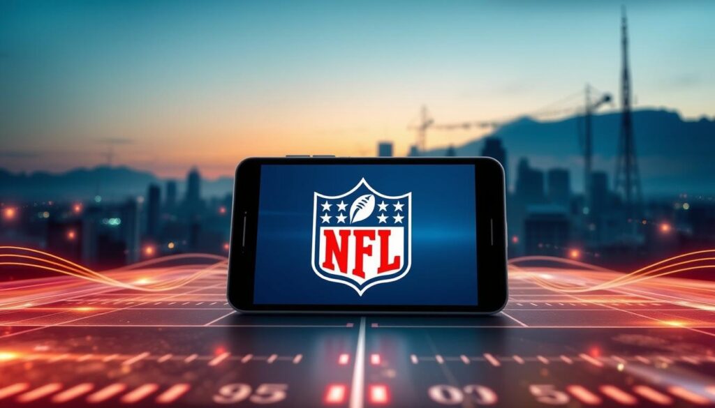 A serene digital landscape, with a central focus on a smartphone or tablet displaying the NFL logo. In the foreground, digital signals and waves represent the optimization of the streaming experience, with smooth transitions and minimal buffering. The background features a cityscape, symbolizing the ubiquity of the NFL's reach, with skyscrapers and telecommunication towers casting long shadows in the soft, golden light of the evening. The overall atmosphere conveys a sense of efficiency, technology, and the seamless enjoyment of the sport, reflecting the "Otimização da Experiência: Dicas Para Transmissão Perfeita" section of the article.
