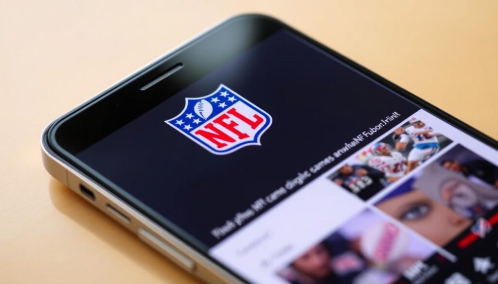 A sleek and modern smartphone screen displaying the FuboTV app interface, with the NFL logo prominently featured. The app's intuitive navigation and live game streaming capabilities are showcased in a clean, user-friendly design. The screen is illuminated with a warm, natural lighting that enhances the app's vibrant colors and crisp graphics. The background is slightly blurred, placing the focus on the device and the app's functionality, conveying the ease and accessibility of watching NFL games for free through this innovative streaming platform.