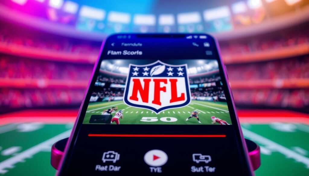 A vibrant, modern mobile application interface showcasing the NFL (National Football League) logo and branding. The foreground features a clean, minimalist design with sleek icons and user controls, allowing easy navigation through game schedules, team rosters, and live scores. The middle ground includes an immersive video player, displaying high-quality game footage with crisp, realistic visuals. The background subtly incorporates the team colors and patterns, creating a visually striking and cohesive aesthetic. The overall composition conveys a sense of excitement, connectivity, and seamless user experience, perfectly suited for a mobile application focused on providing free access to NFL content.